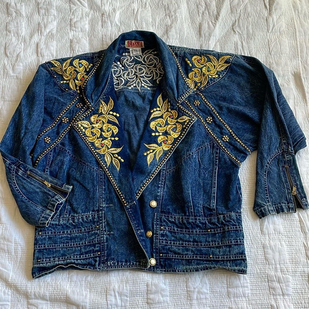 Denim Jacket with Gold Embroidery, Med- Niya Collection